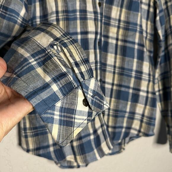 NEW Current / Elliot 100% Linen Picnic Plaid Slim Boy Shirt Blue Summer Vacation - Picture 5 of 8